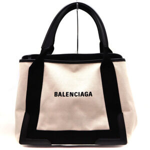 Balenciaga Navy Blue Cabas Handbag Canvas Leather Black White